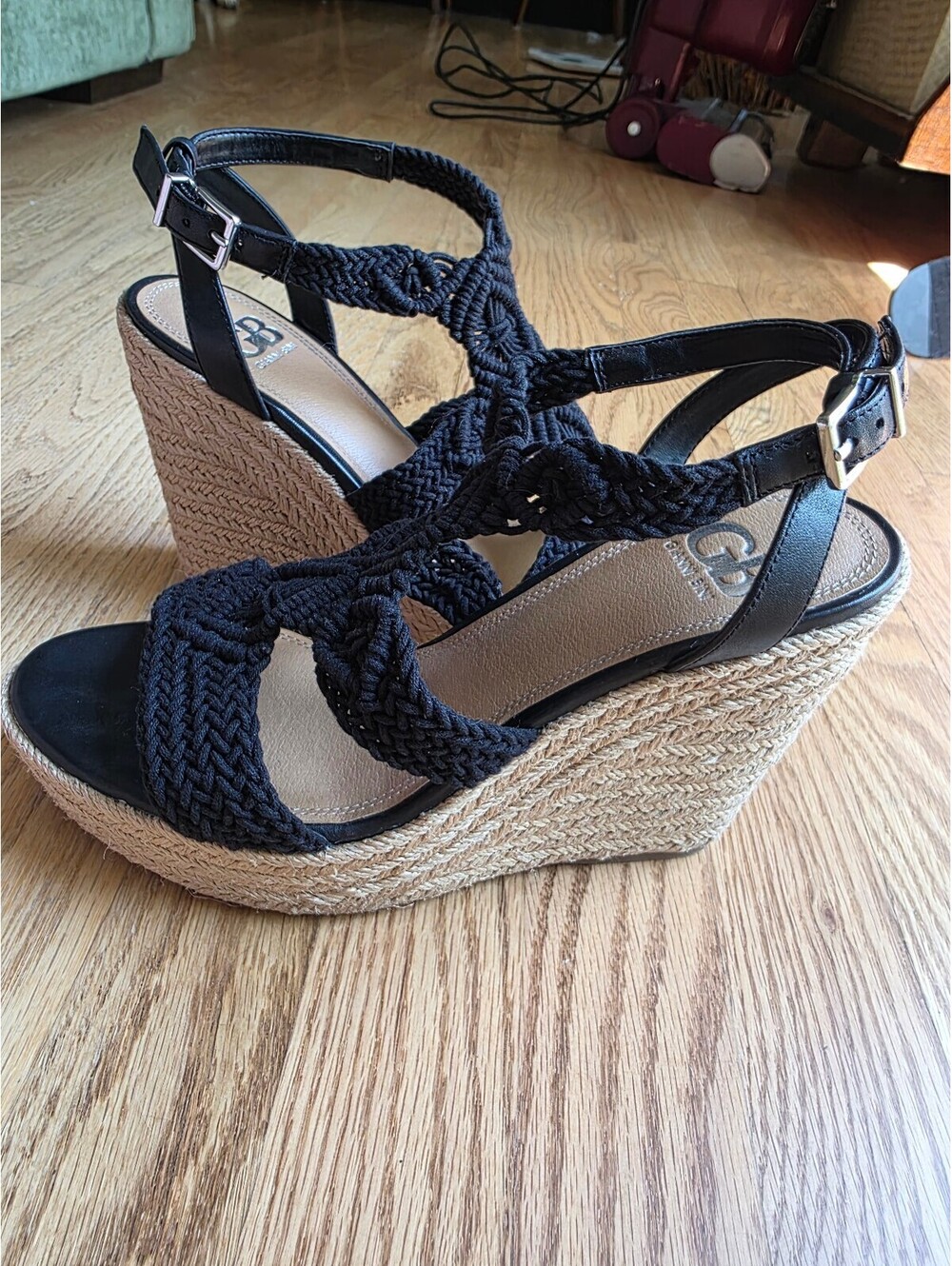 Boho Gianni Bini Black Macramé Woven Espadrille Platform Wedge Sandals